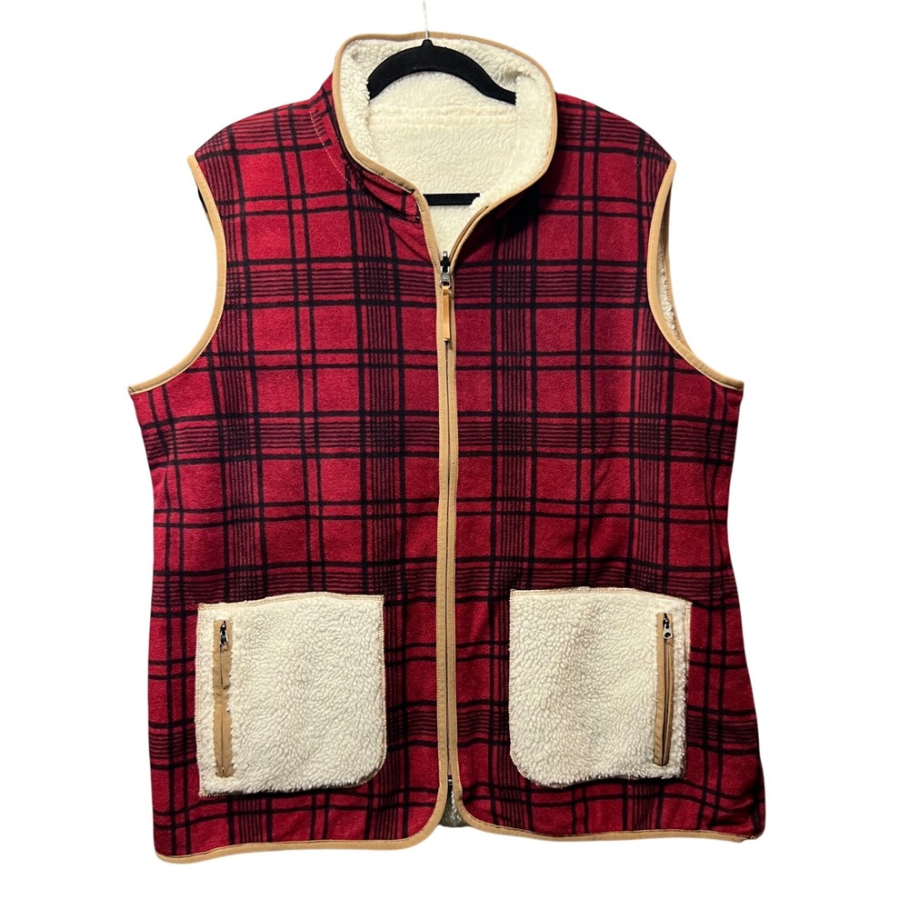 Reversible Fleece Vest‎ Red Plaid Print Sleeveless Jacket Outdoor Sherpa No Tag